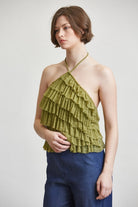 RARA Boutique tiered ruffle halter neck tank top with layered fabric and halter straps, displayed on a neutral background.