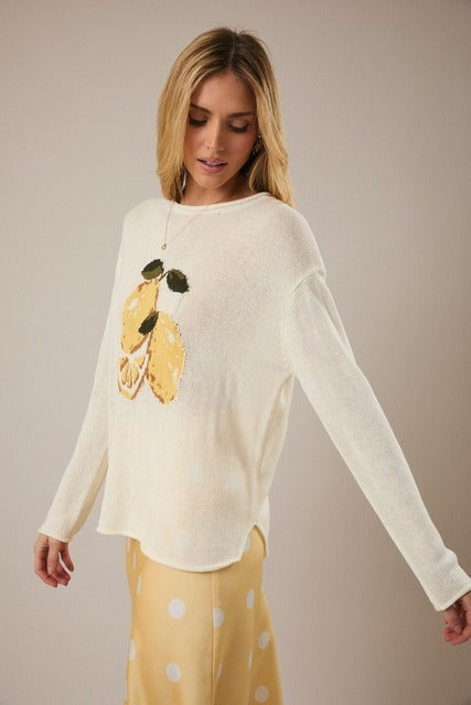 RARA Boutique Lemon Graphic lightweight knit sweater featuring a bright lemon print on soft, cozy fabric.