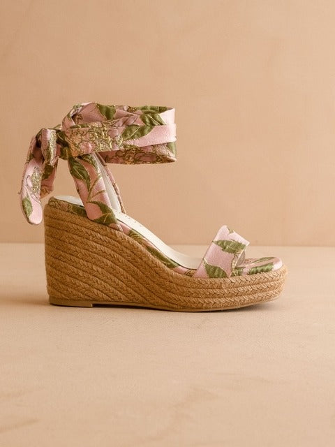 RARA Boutique Rose Garden floral espadrille wrap wedge sandal with colorful rose pattern and ankle ties.