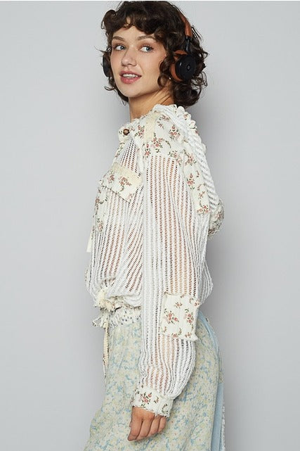 RARA Boutique floral patch open knit crochet hoodie jacket with floral design, lightweight and stylish for casual wear.