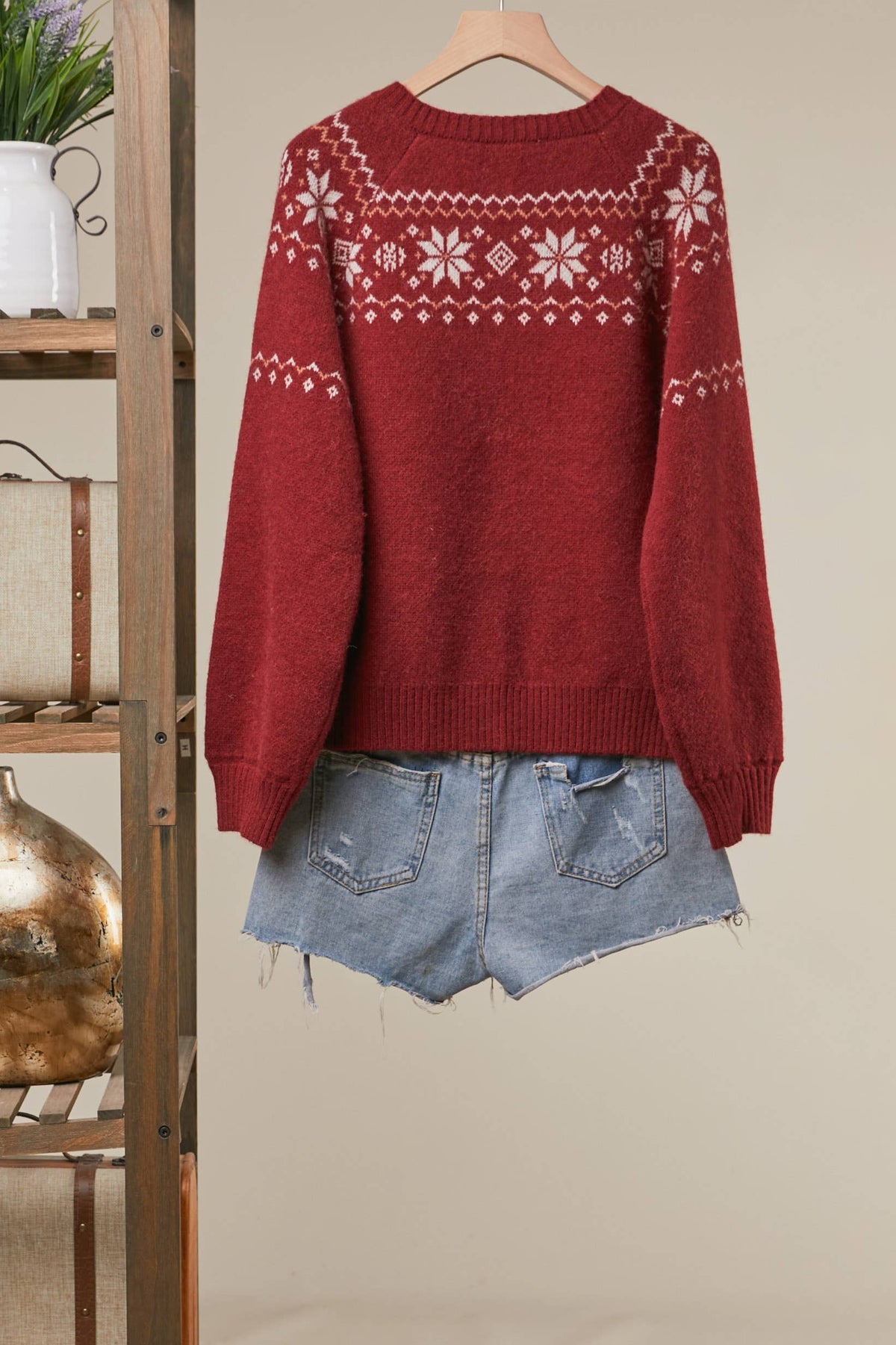 Mello Reindeer Fair Isle knit cardigan featuring festive holiday pattern, cozy wool blend, and button-front design.