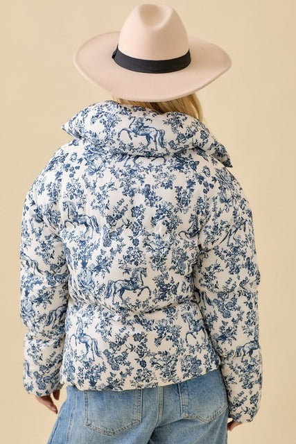 Vintage Horse Toile Print Puffer Jacket with Bows - Main Strip - RARA Boutique 
