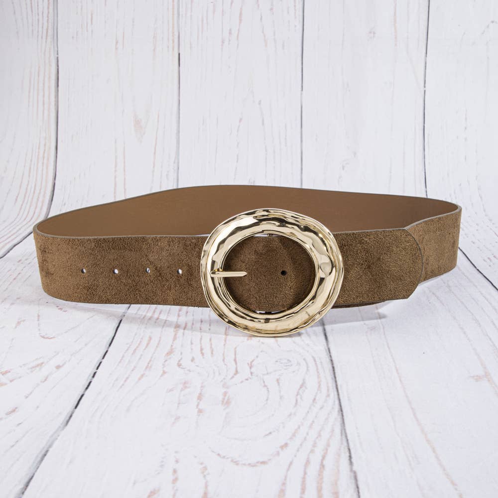 Suede hammered round buckle belt by Collections by Fame Accessories, showing close-up of textured tan suede strap and metallic buckle.