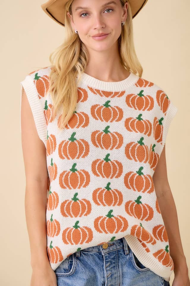 Pumpkin Print Knit Sweater Vest Sleeveless Top - Main Strip - RARA Boutique 