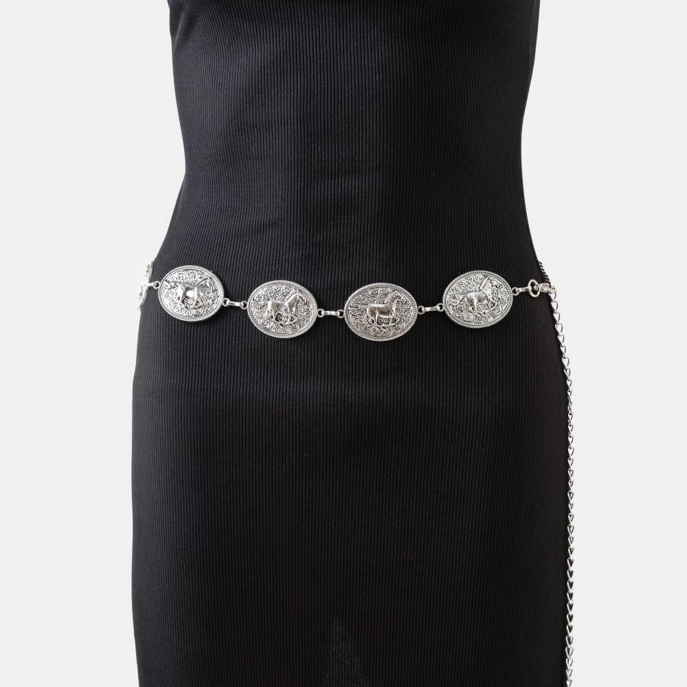 Western horse engraved concho chain belt by Collections by Fame Accessories, featuring detailed engraved horse design and metal chain links.