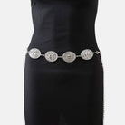 Western horse engraved concho chain belt by Collections by Fame Accessories, featuring detailed engraved horse design and metal chain links.