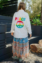 Multicolor Peace Sign Patch Letter Frayed Hem Shirt - RARA Boutique 