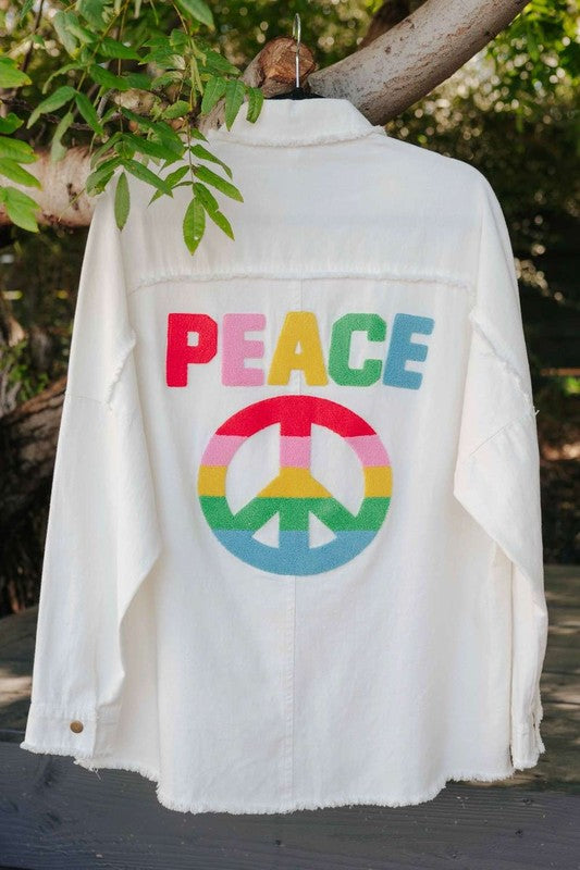 Multicolor Peace Sign Patch Letter Frayed Hem Shirt - RARA Boutique 