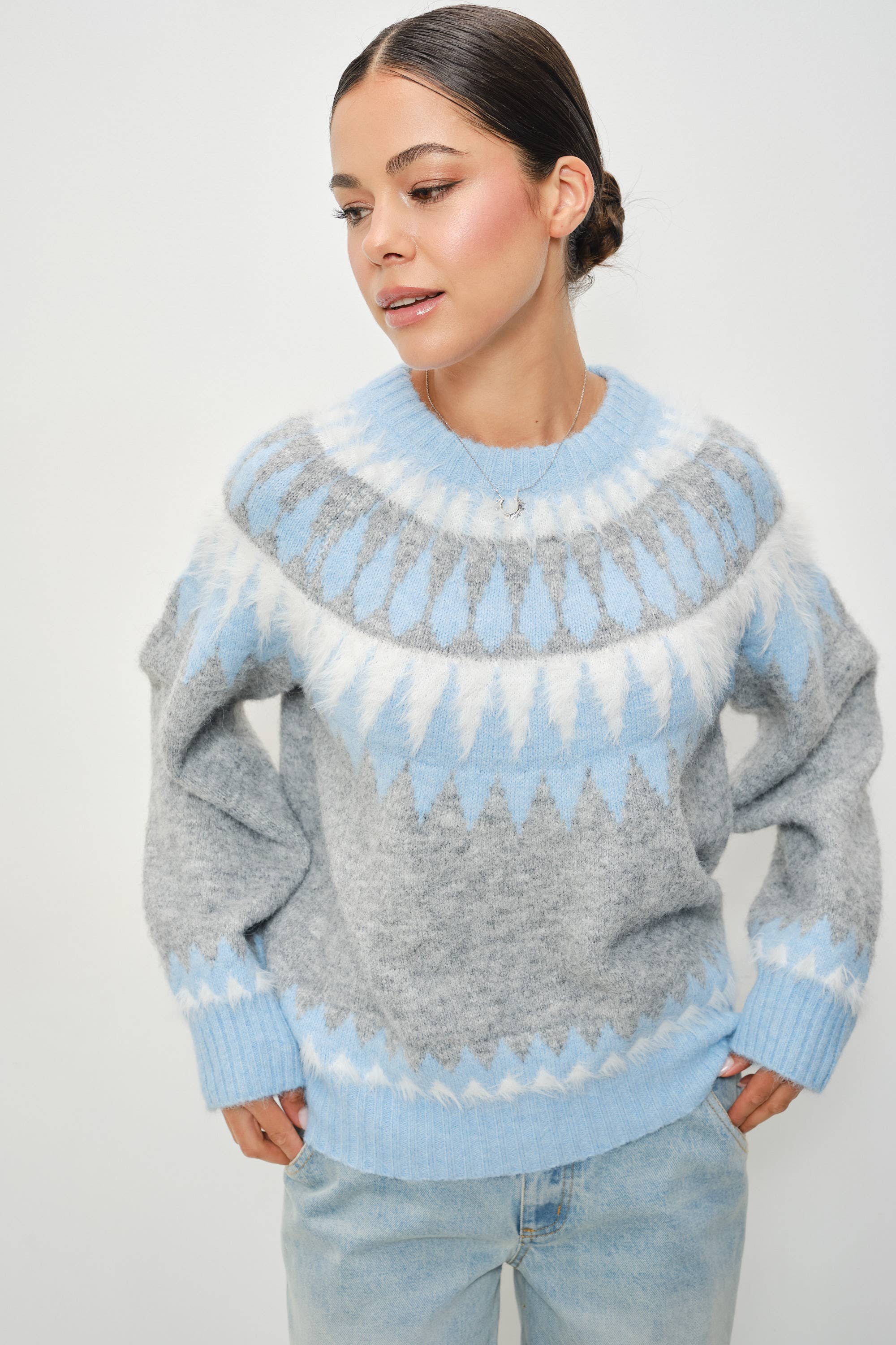 Pretty Garbage Kenzie Faire Isle crewneck sweater, soft knit pullover with a relaxed fit, displayed on a neutral background.