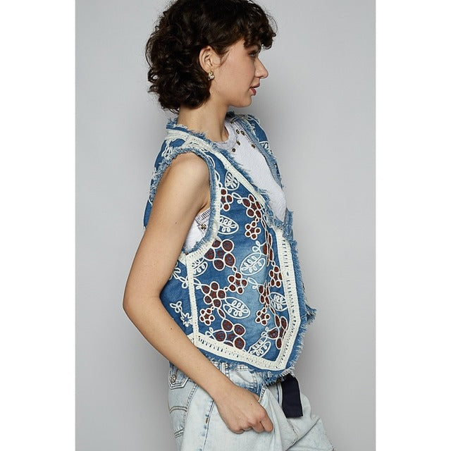 RARA Boutique embroidered floral frayed hem denim vest, stylish sleeveless denim vest with floral embroidery and frayed edges.