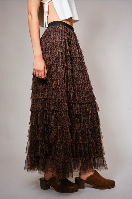 Leopard Print Tiered Ruffle Tulle Maxi Skirt - Blue B - RARA Boutique 