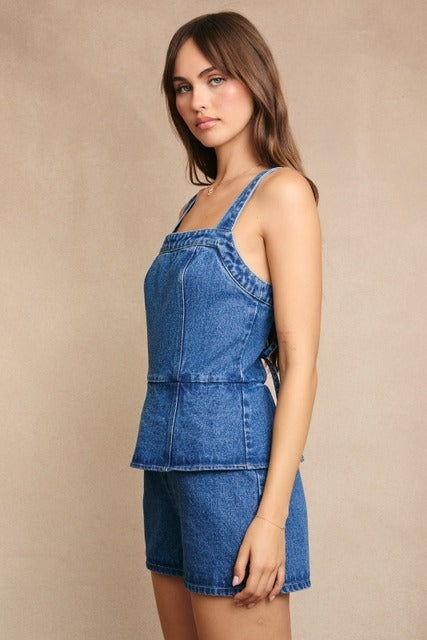 Peplum Top Denim Romper with Tie Back - Le Lis - RARA Boutique 