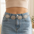 Western horse engraved concho chain belt with silver-toned metal and intricate engraved horse design, adjustable chain for a stylish fit.