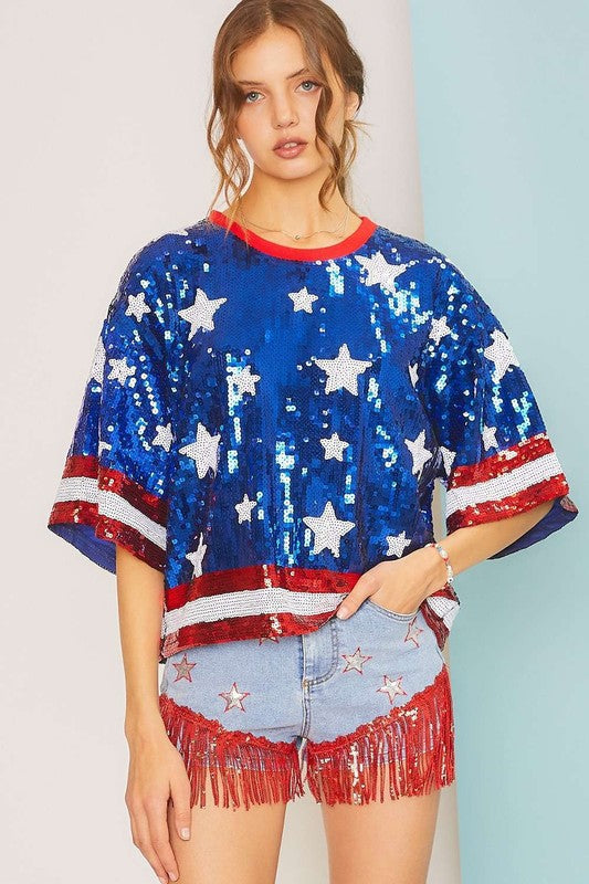 4th of July Star Print Sequin Crop Top - RARA Boutique 