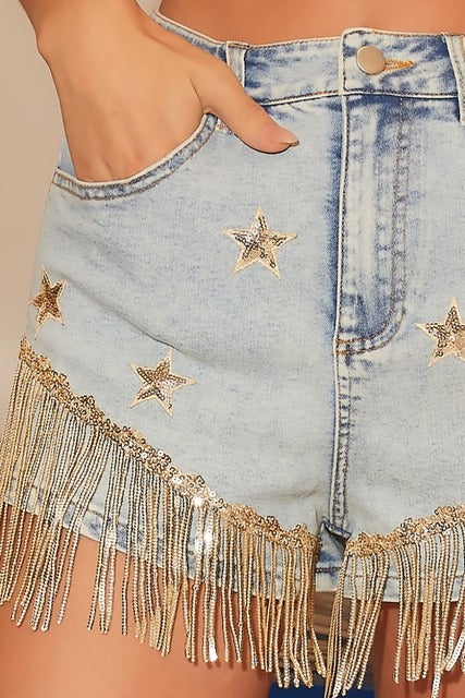Sequin Fringe Star Denim Shorts - Main Strip - RARA Boutique 