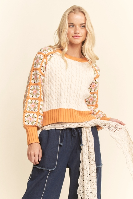 Crochet Sleeve Granny Square Cable Knit Sweater - Davi & Dani - RARA Boutique 