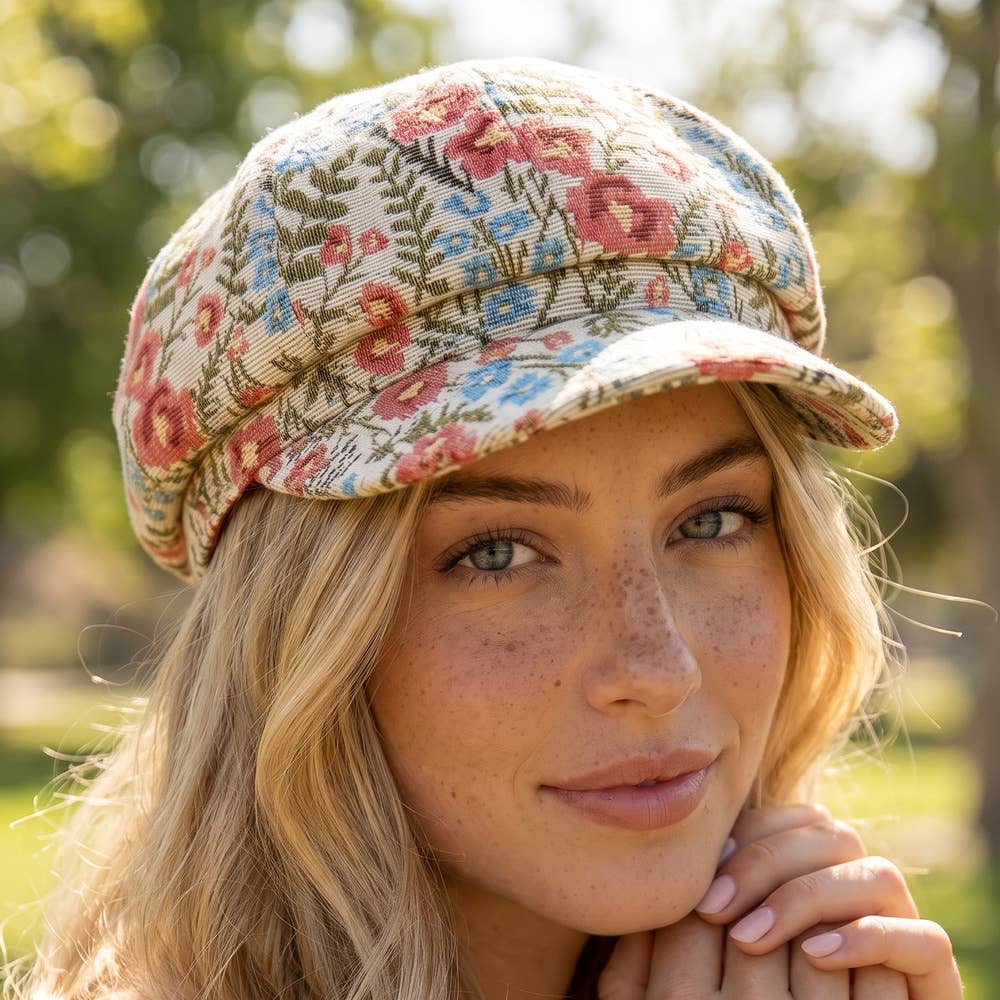 Floral tapestry newsboy cabbie hat by Collections by Fame Accessories with vibrant floral pattern and classic newsboy style.