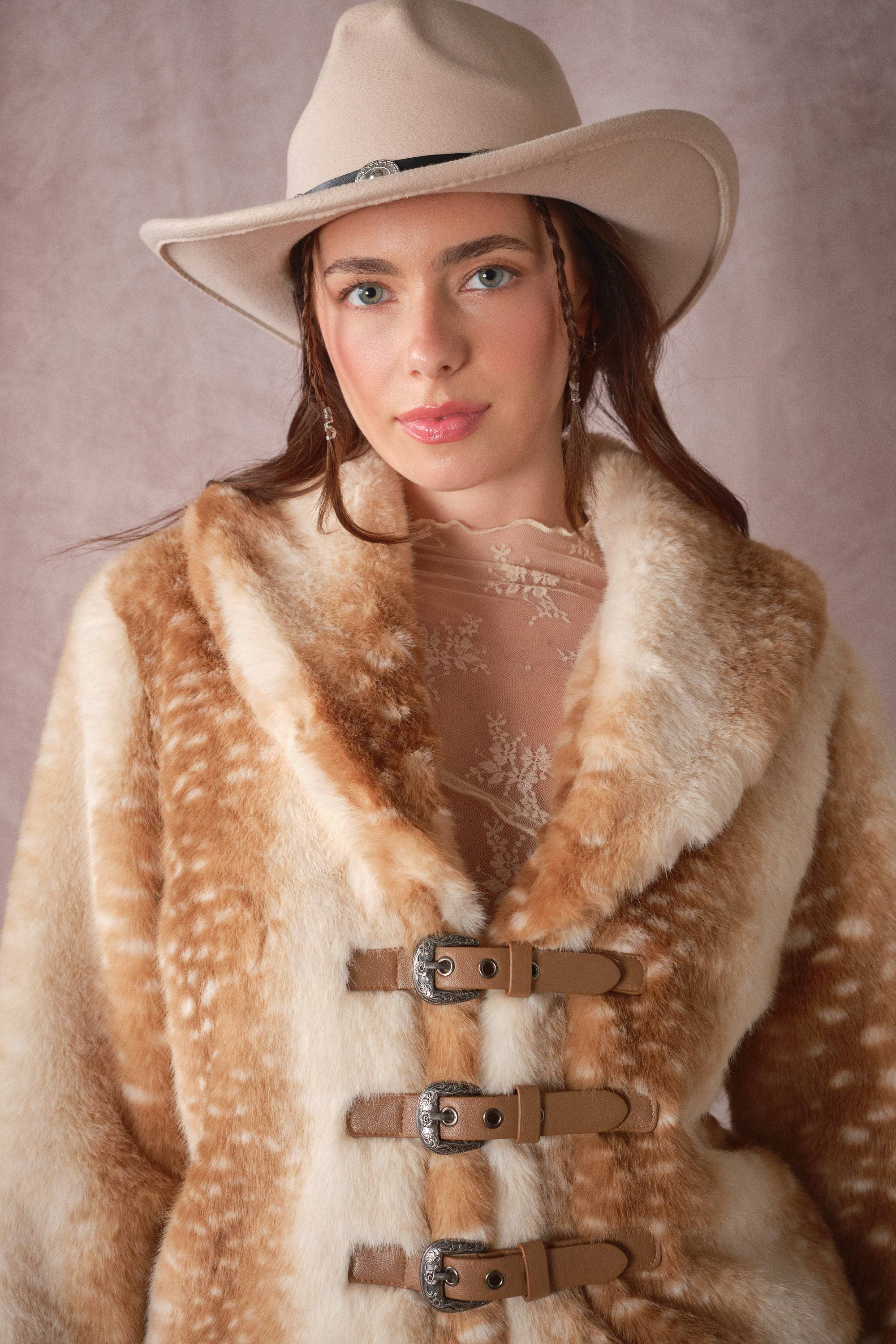 Blue B 25004J buckled deer print faux fur jacket with buckle details and cozy faux fur texture, stylish and warm outerwear.