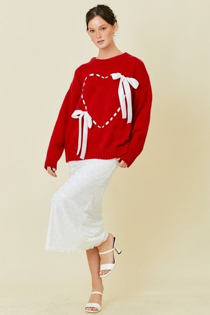 Lace Up Ribbon Heart Sweater with Bows - Main Strip - RARA Boutique 