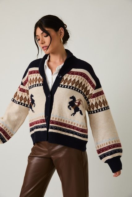 Western Horse & Cowgirl Fair Isle Cardigan Sweater - Sunday Edition - RARA Boutique 