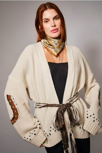 Western Horse & Horseshoe Belted Cardigan Sweater - Blue B - RARA Boutique 