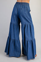 RARA Boutique mineral washed denim palazzo pants with tiered ultra-wide legs, relaxed fit, and stylish design.