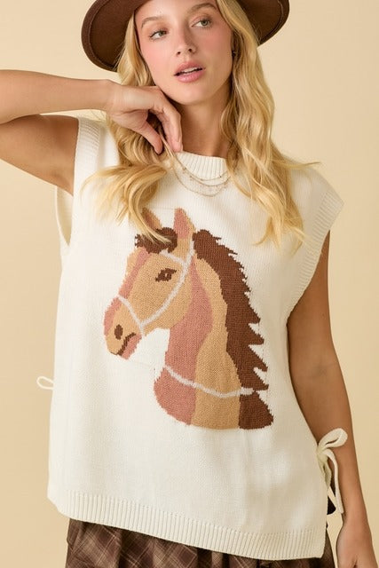 Western Horse Oversized Sleeveless Sweater Vest Top - Main Strip - RARA Boutique 