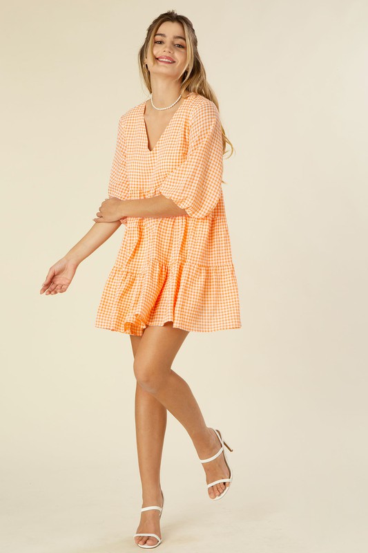 Gingham Checked Tiered Dress - RARA Boutique 