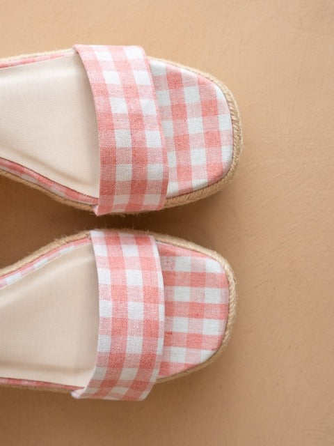RARA Boutique Gingham Espadrille Wrap Wedge Sandals with ankle ties and woven jute wedge heel, perfect for summer footwear.