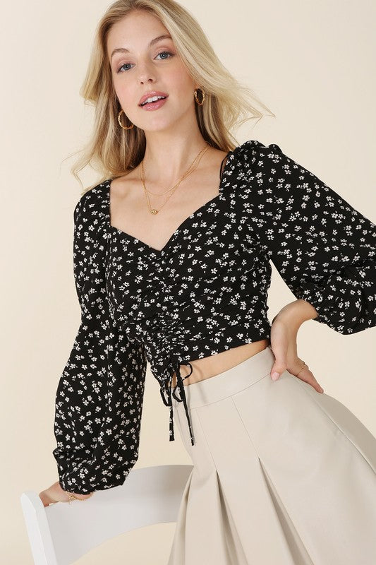 Ruched Floral Print Crop Top with Balloon Sleeves - RARA Boutique 