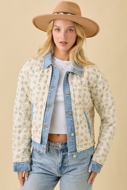 Floral Print Quilted Denim Jacket - Main Strip - RARA Boutique 