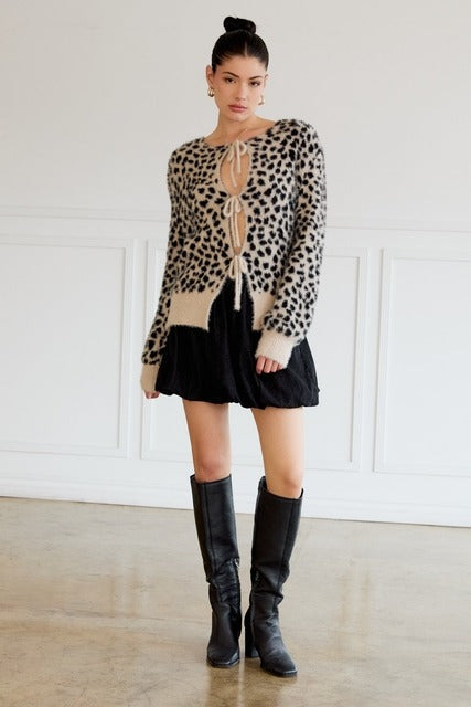 Front Tie Leopard Print Plush Knit Cardigan - Sunday Edition - RARA Boutique 