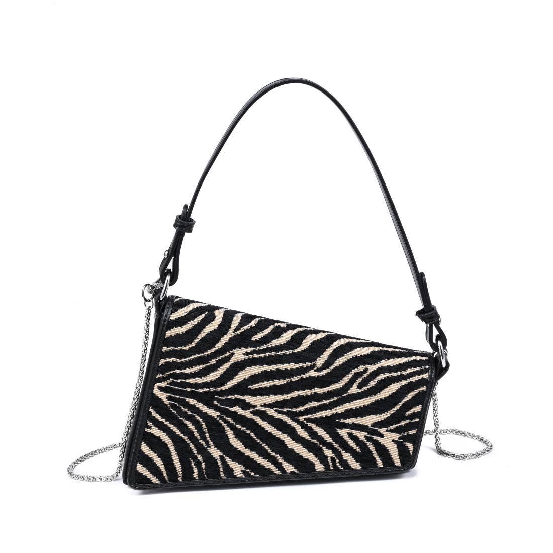 Urban Expressions Tuesday Fatima zebra shoulder bag with adjustable strap and black accents, featuring a textured zebra print design.