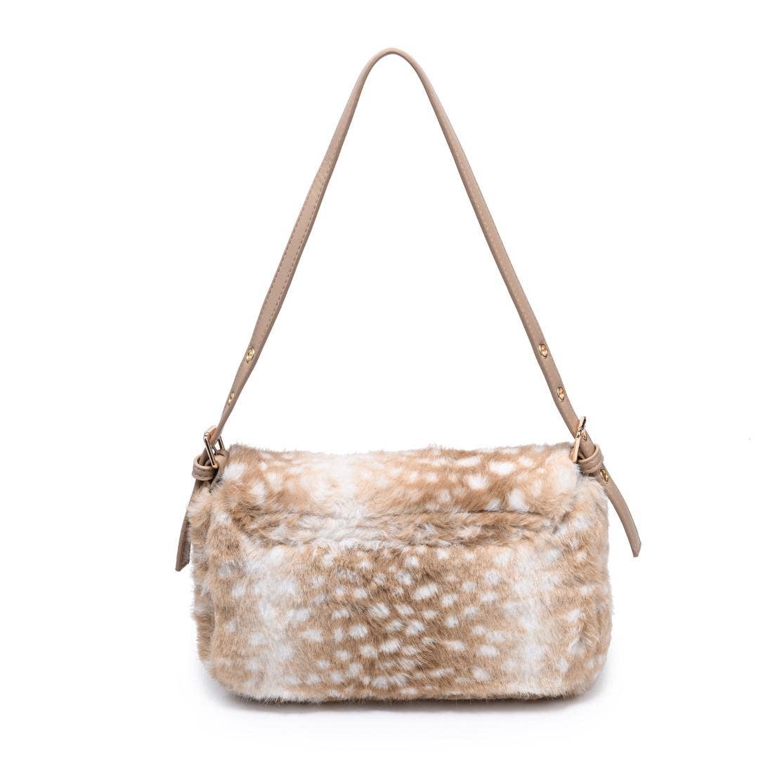 Urban Expressions Tuesday Beverly deer print fur crossbody bag with adjustable strap and sleek design.