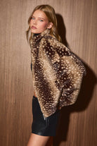 LE LIS faux deer print high neck zip jacket featuring a stylish print and a high collar, perfect for casual or outdoor wear.