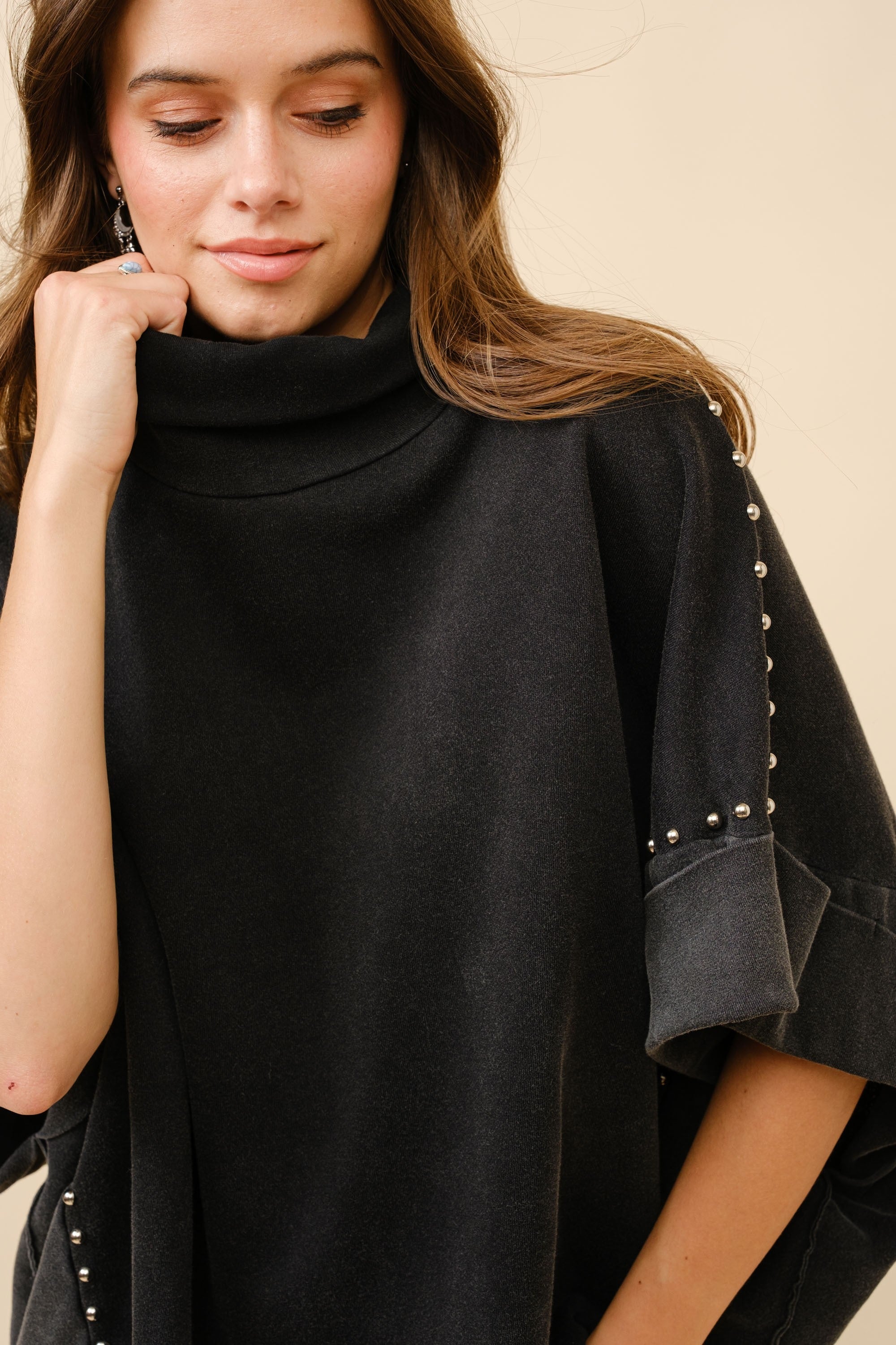 Studded Turtleneck Dolman Sleeve Sweatshirt - Blue B - RARA Boutique 