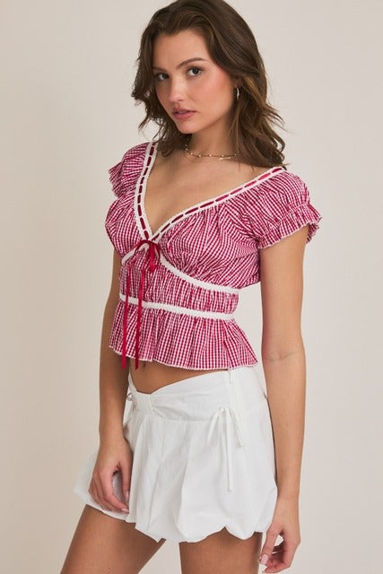 Gingham Lace Trim V-Neck Peplum Crop Top - Le Lis - RARA Boutique 