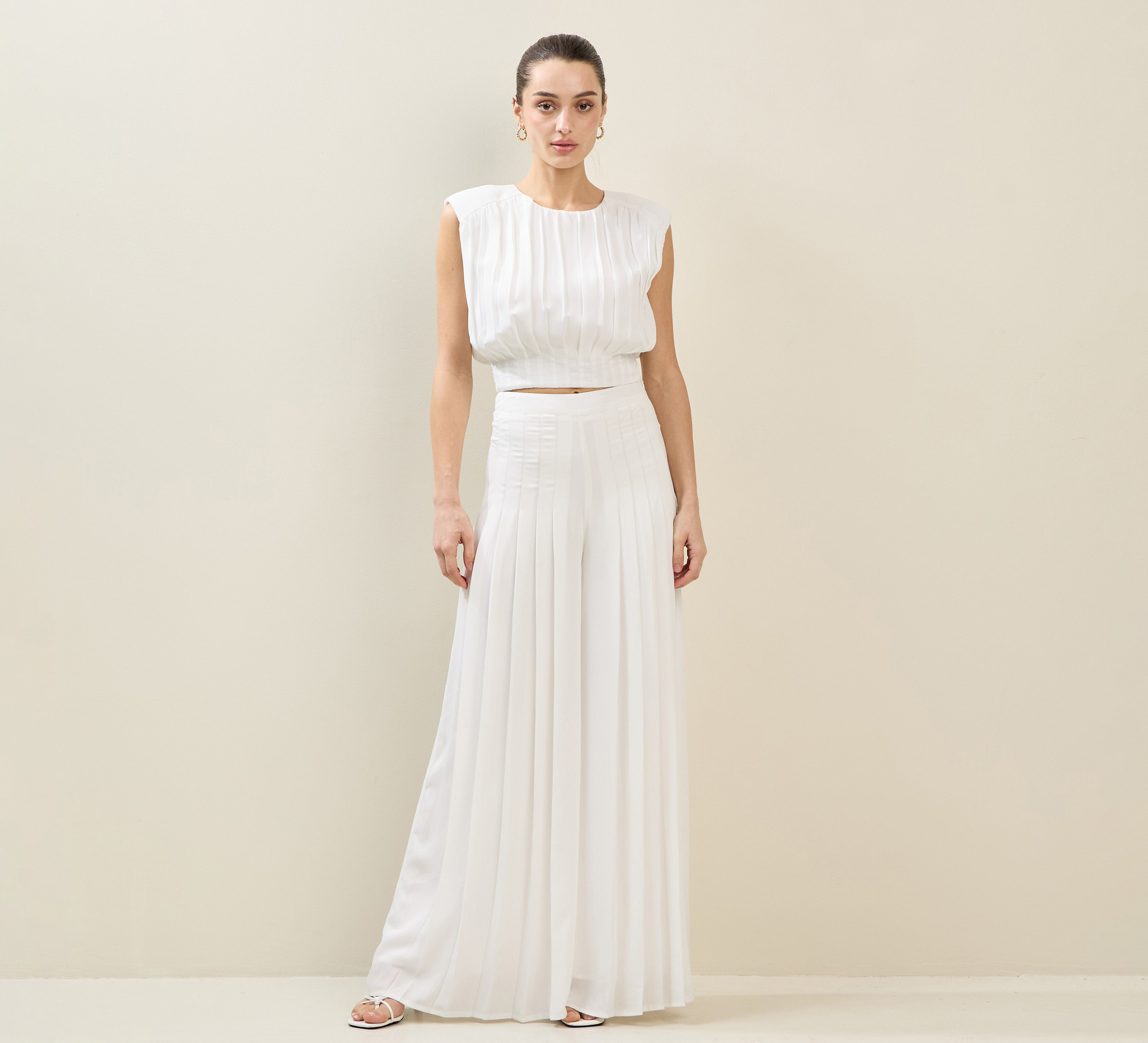 RARA Boutique satin chiffon pleated wide-leg palazzo trousers, stylish trouser with flowing fabric and elegant design.
