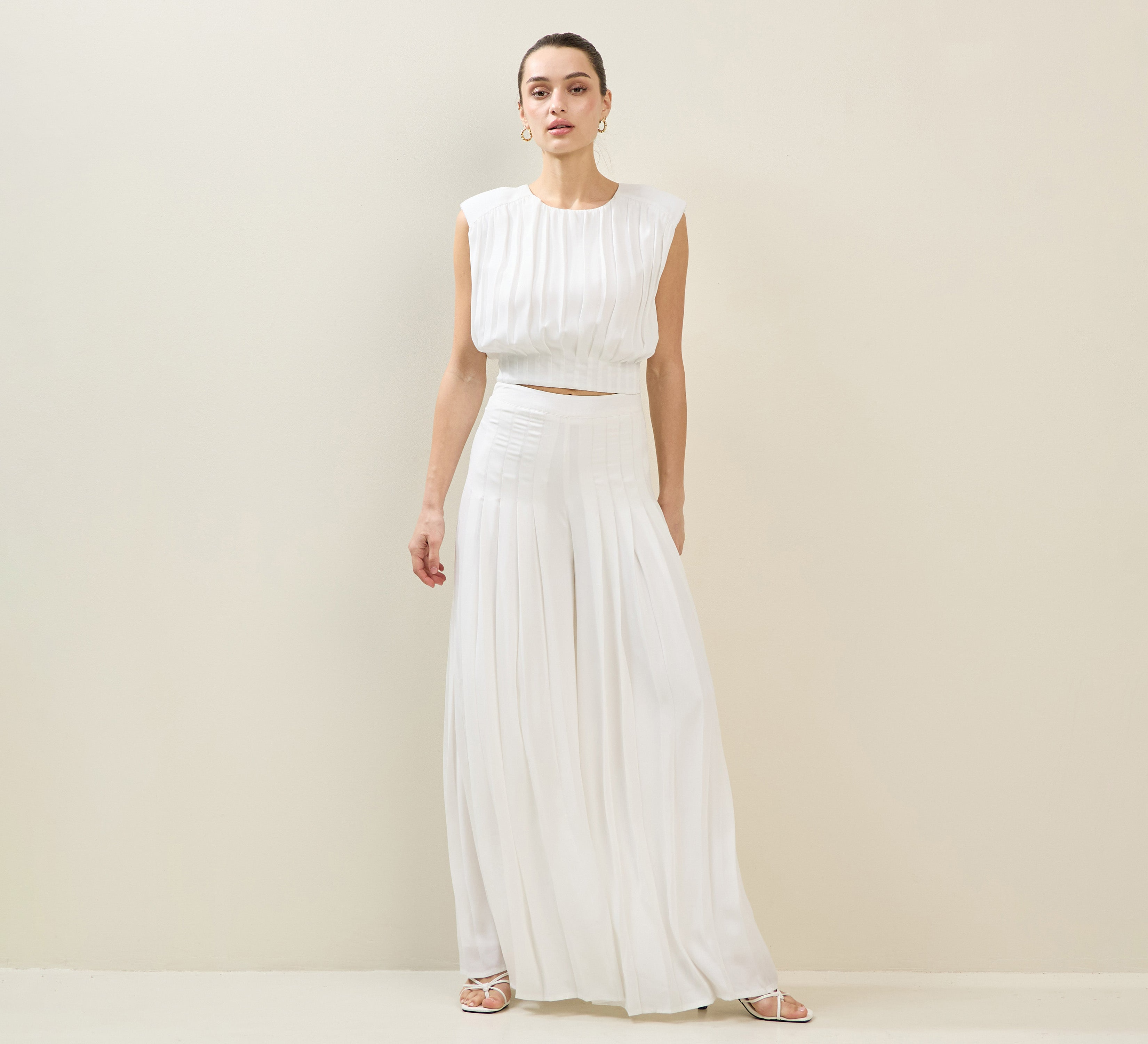 RARA Boutique satin chiffon pleated wide-leg palazzo trousers, stylish and flowing trouser with pleated details.