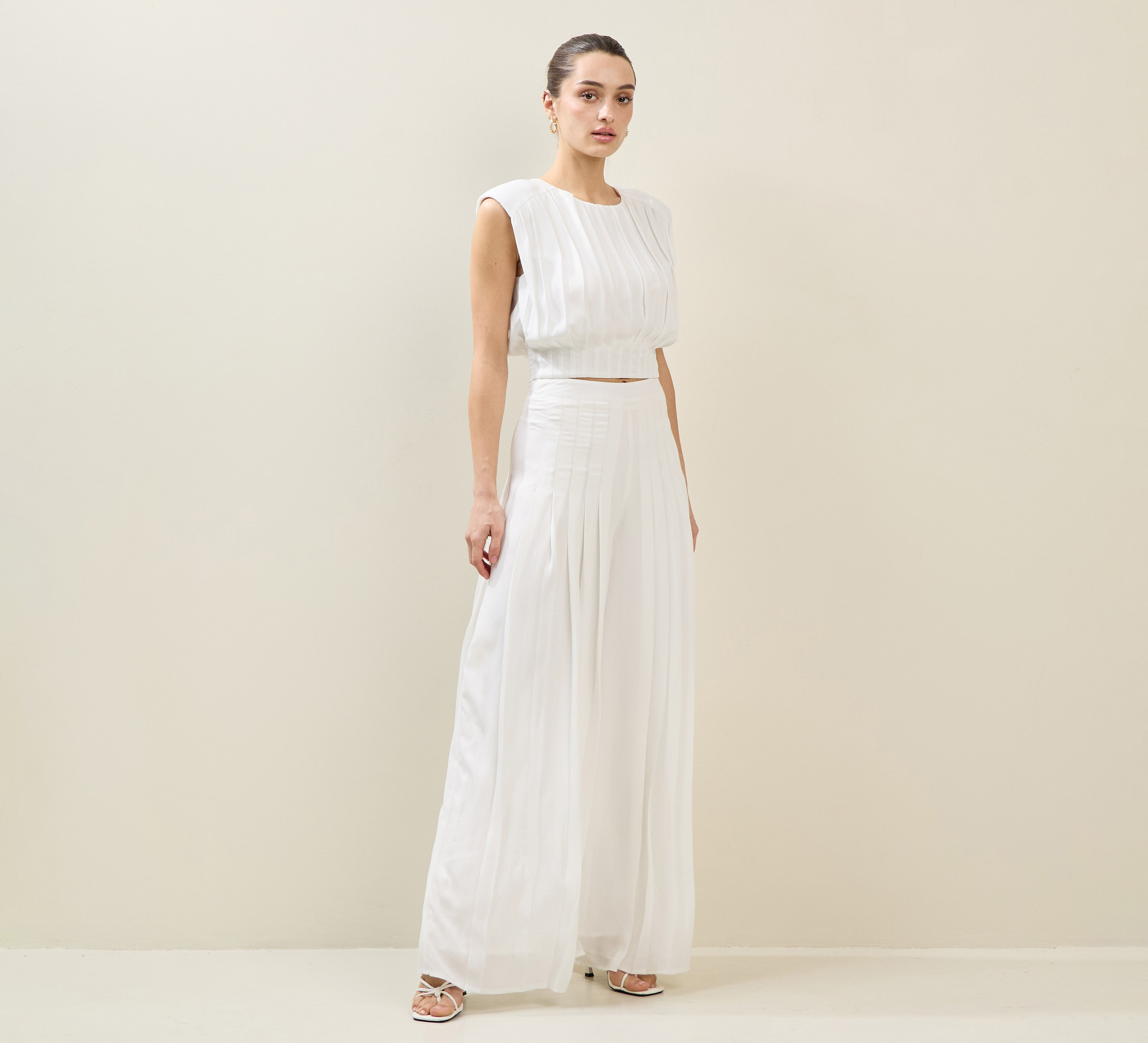 RARA Boutique satin chiffon pleated wide-leg palazzo pants, stylish trouser with flowing fabric and elegant design.