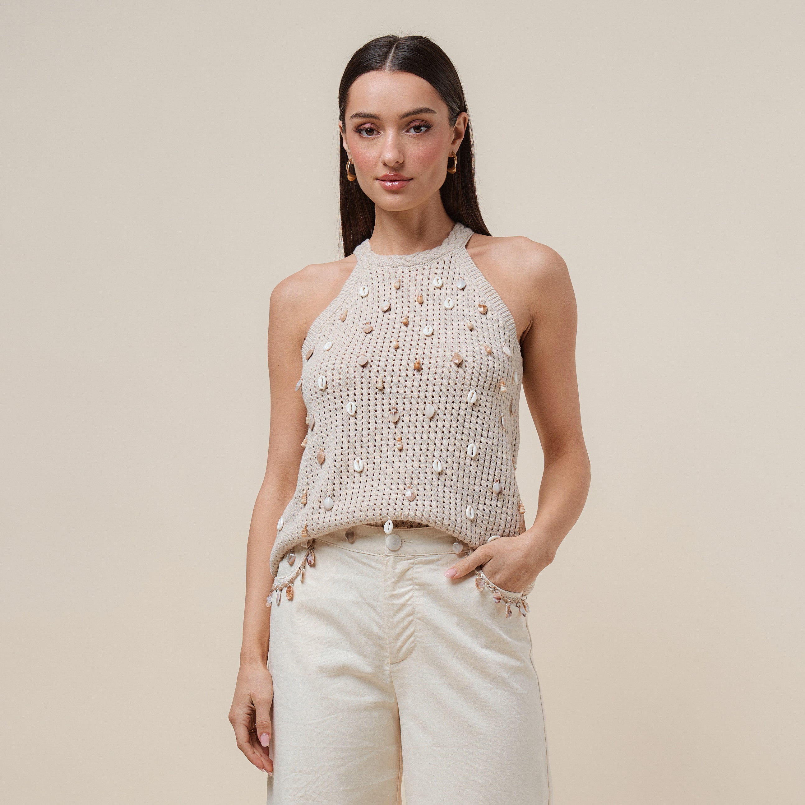 Seashell embellished open-knit halter tank top by RARA Boutique featuring a stylish, lightweight design with a relaxed fit.