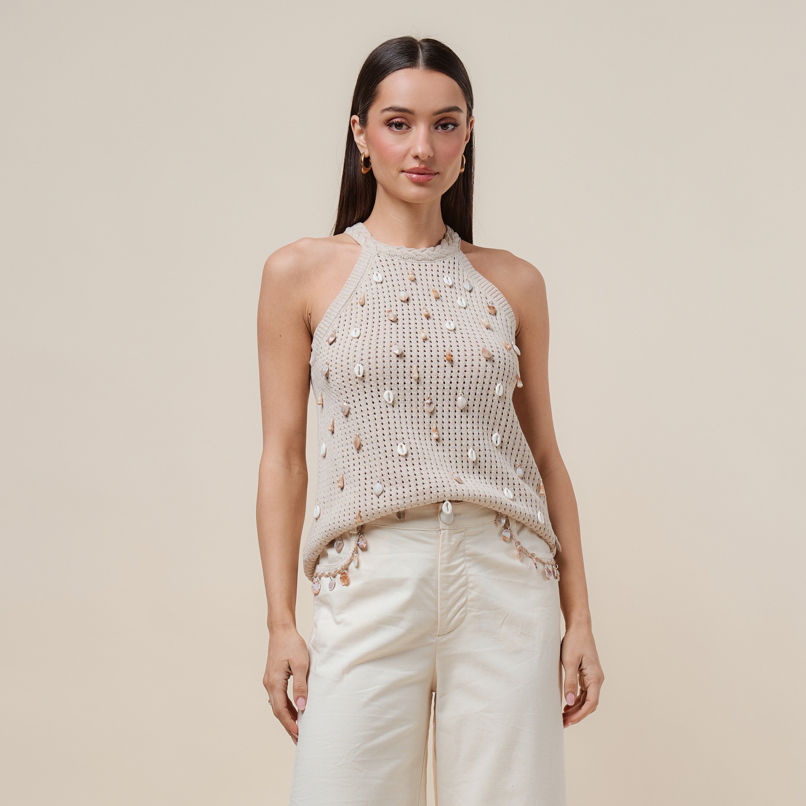 Seashell embellished open knit halter tank top by RARA Boutique, featuring a stylish design with seashell details and open knit fabric.