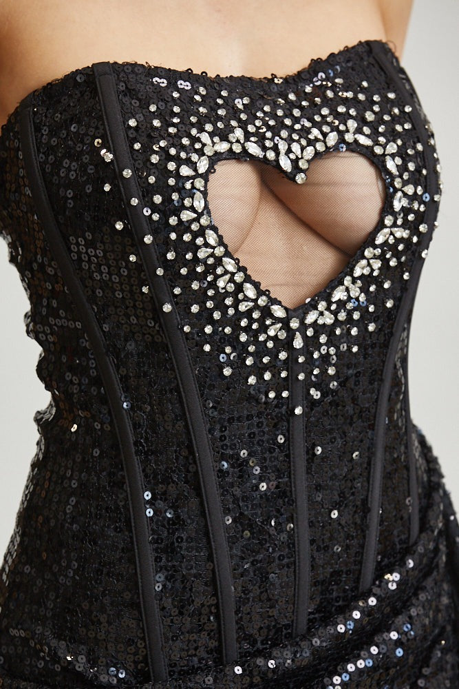 Heart Cutout Corset Sequin Mini Dress with Draped Skirt - BLITHE - RARA Boutique 