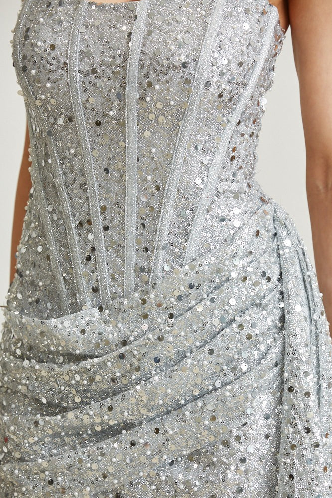 Strapless Sequin Glitter Mesh Corset Mini Dress with Draped Skirt - BLITHE - RARA Boutique 