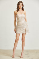 Strapless Sequin Glitter Mesh Corset Mini Dress with Draped Skirt - BLITHE - RARA Boutique 