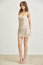 Strapless Sequin Glitter Mesh Corset Mini Dress with Draped Skirt - BLITHE - RARA Boutique 