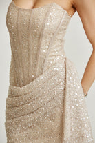 Strapless Sequin Glitter Mesh Corset Mini Dress with Draped Skirt - BLITHE - RARA Boutique 