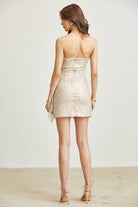 Strapless Sequin Glitter Mesh Corset Mini Dress with Draped Skirt - BLITHE - RARA Boutique 