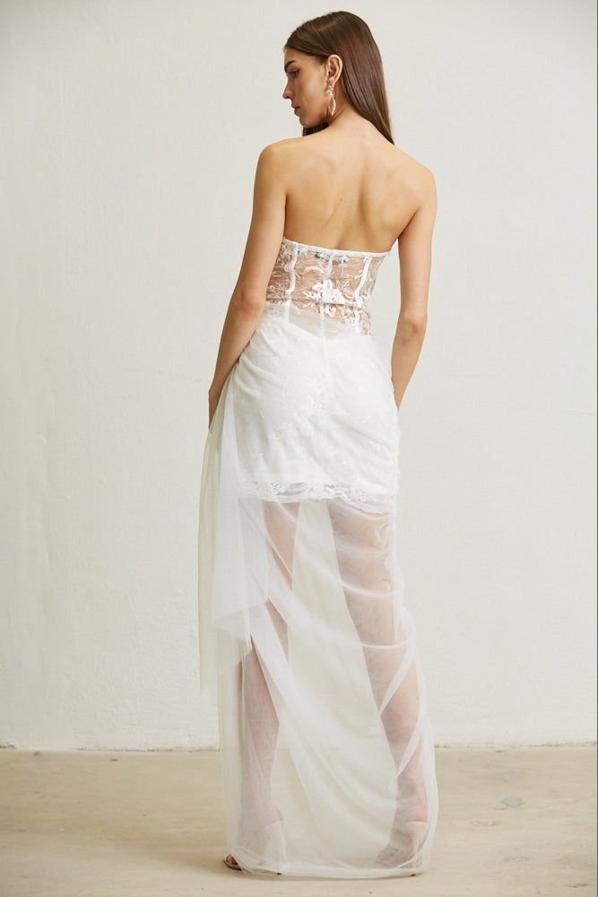Sheer Lace Bodice Mini Dress with Tulle Draping Overlay - BLITHE - RARA Boutique 