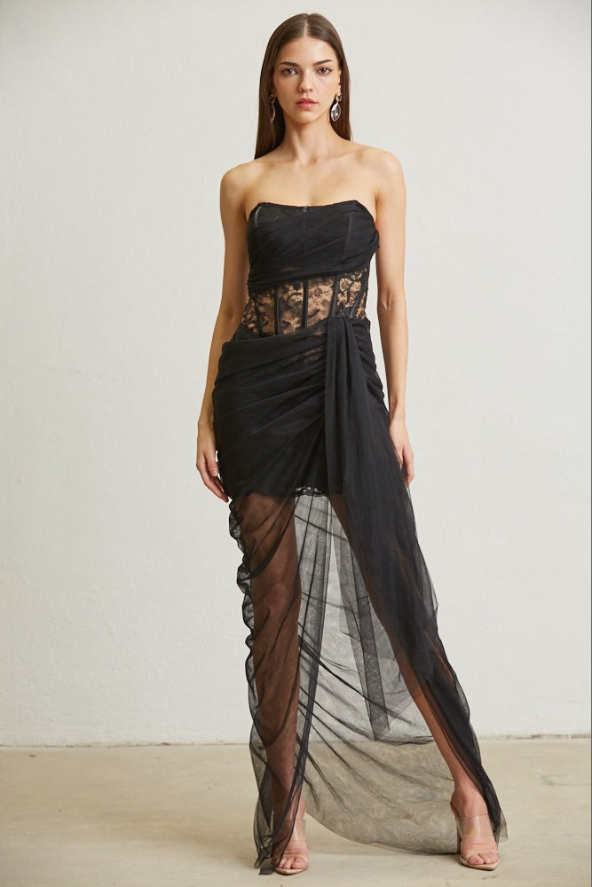 Sheer Lace Bodice Mini Dress with Tulle Draping Overlay - BLITHE - RARA Boutique 